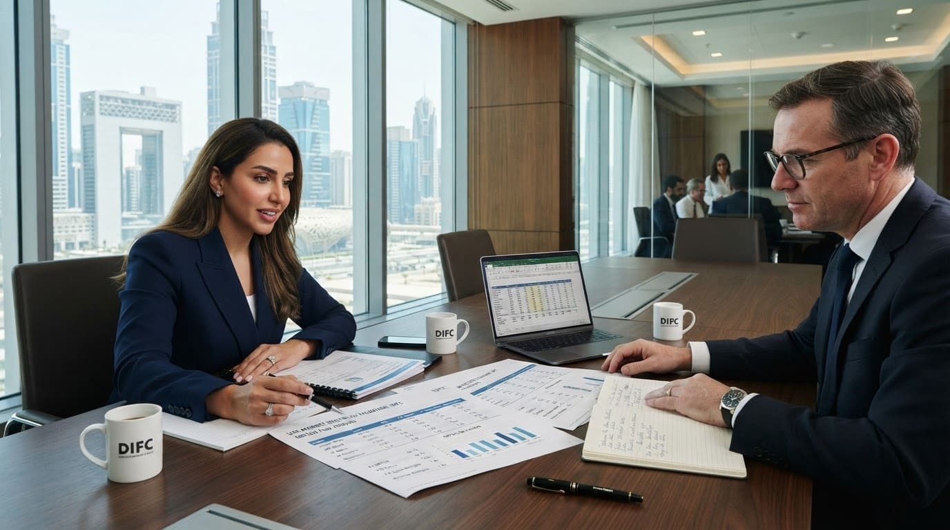 A scene in a DIFC meeting room featuring an analysis of EBITDA multiples